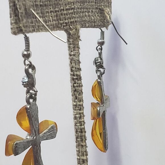 RESIN & CRYSTAL French Hook Religious Cross Earrings - Picture 4 of 5